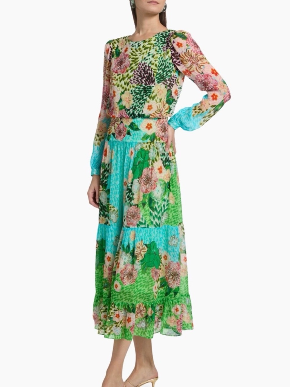 SALONI Multi‑Green Floral Midi Dress